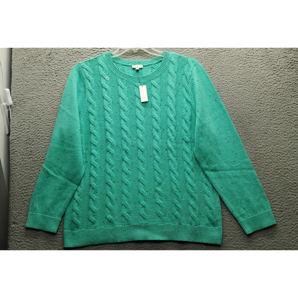 Talbots Sweater Women XL Green Cable Knit Stretch Long Sleeve Crew Neck Pullover